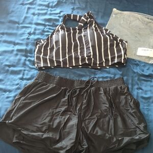 SeaFancy Black and White Striped Bikini Set with Black Shorts XL